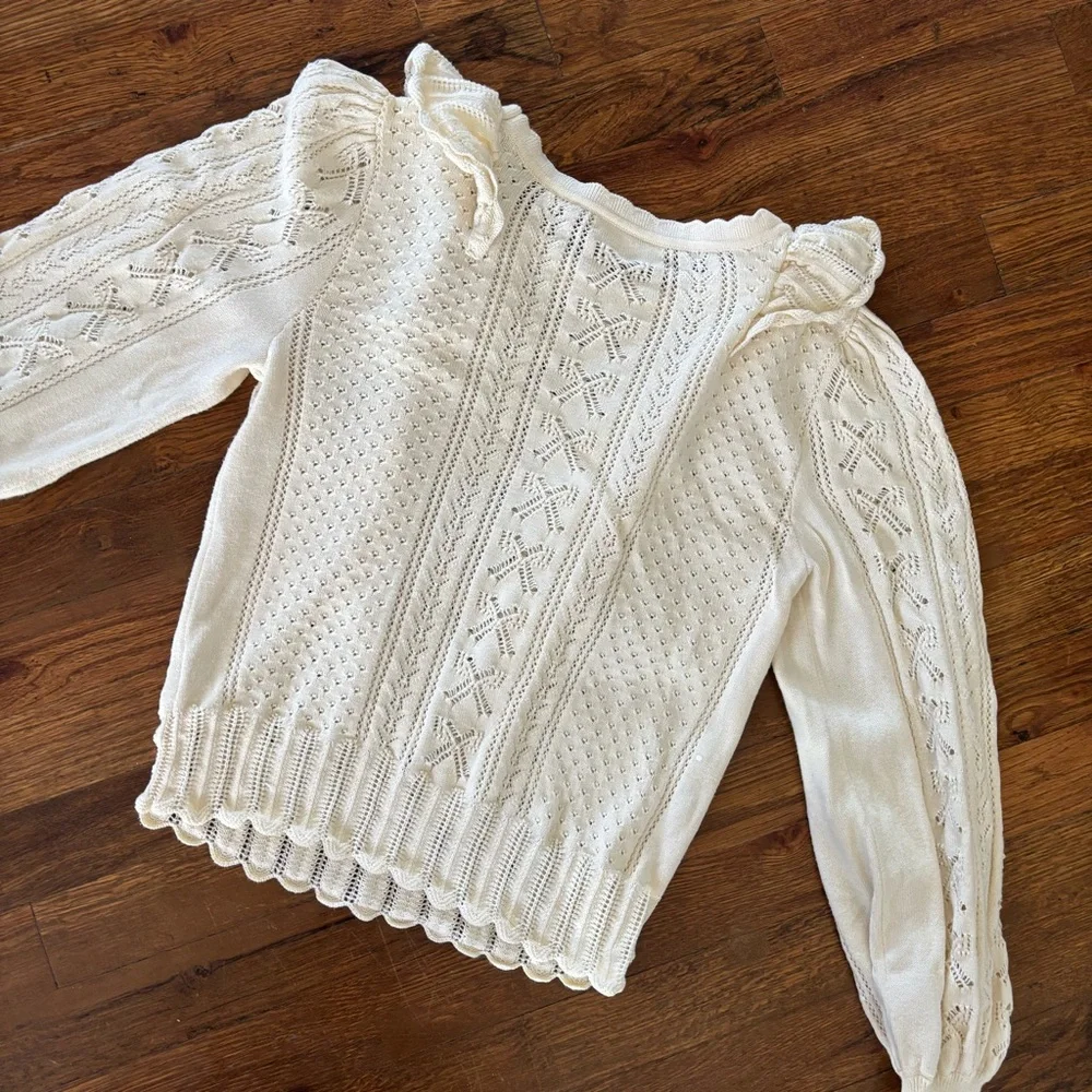 LoveShackFancy Women’s Ancora Ruffle Pointelle Knit Sweater - Picture 8 of 8